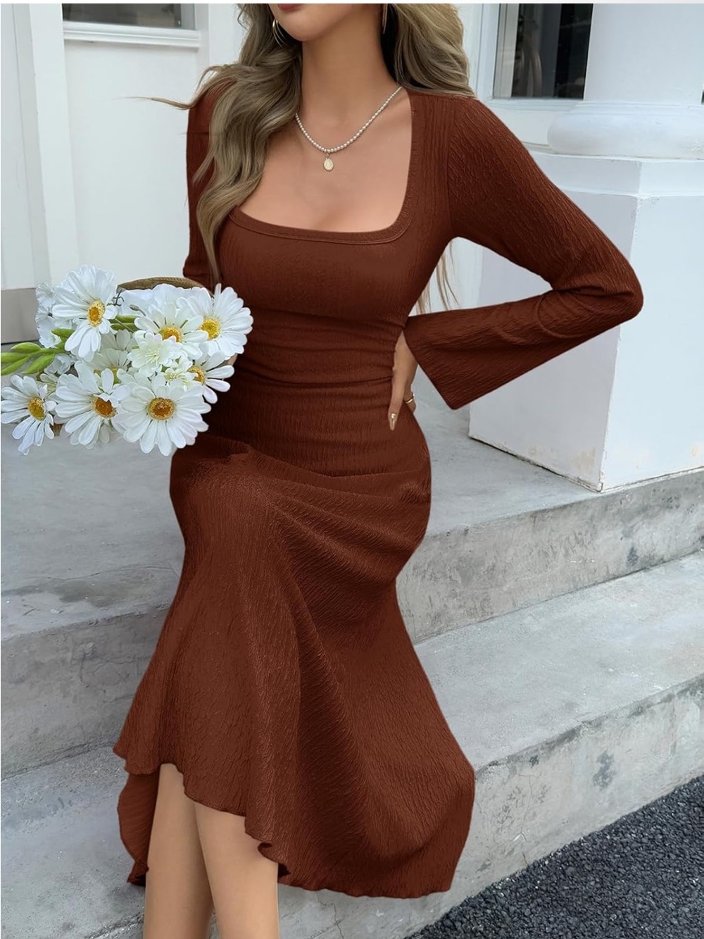 Square Neck Long Sleeve Midi Dress in Chocolate Brown. Size Medium. NWT.
